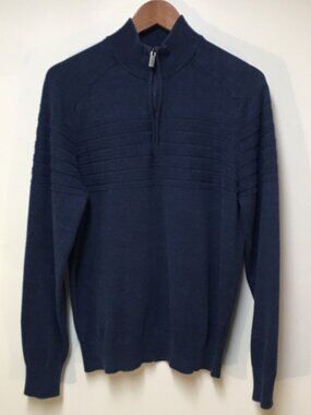 Canda C&A Men L‎ Sweater Blue Knit 1/4 Zip Pullover Neutral Preppy Career Cotton